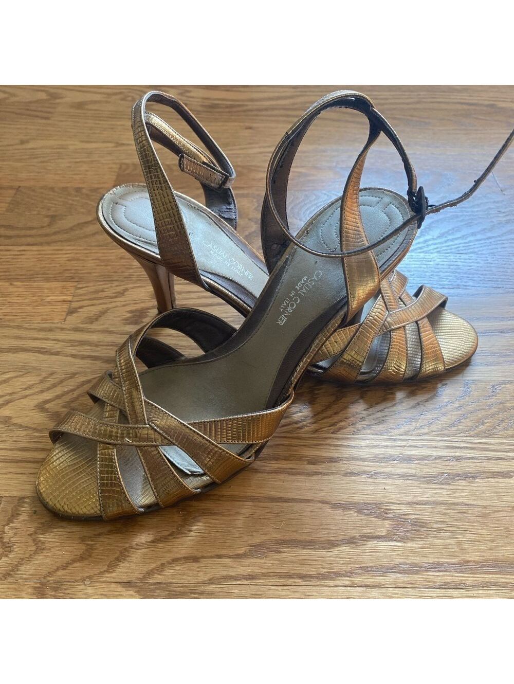 Made in Italy croc embossed gold Metallic Strappy Heeled slingback sandals 6.5